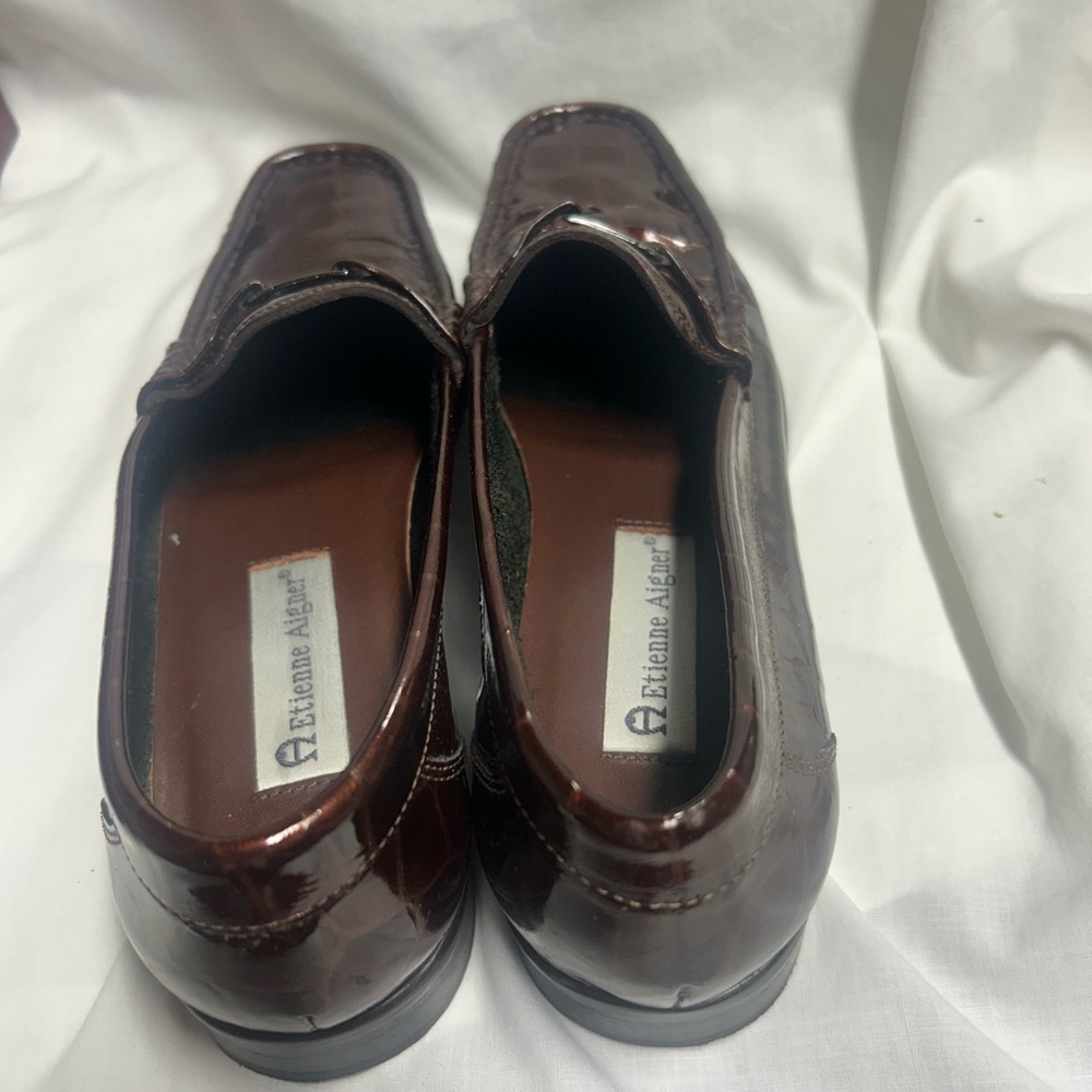 Etienne Aigner Chicklet Tobacco Brown Patent Crocodile Loafers Sz 8 Narrow - Picture 6 of 9
